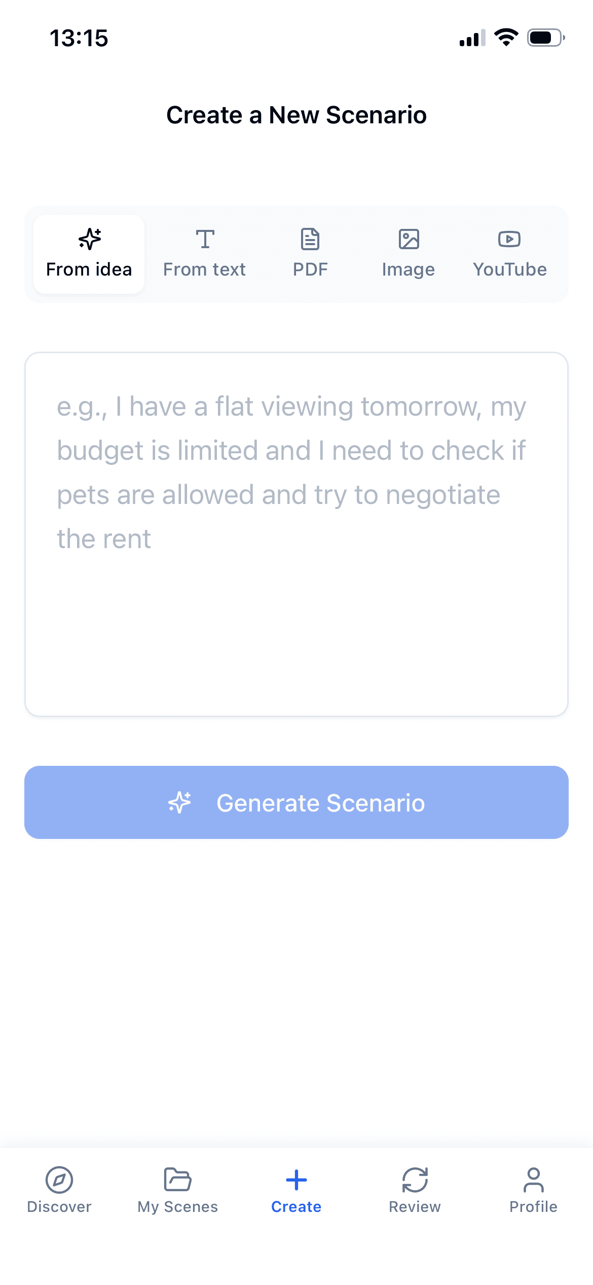 SceneLingo screen for creating a new scenario from an idea, text, PDF, image or YouTube link