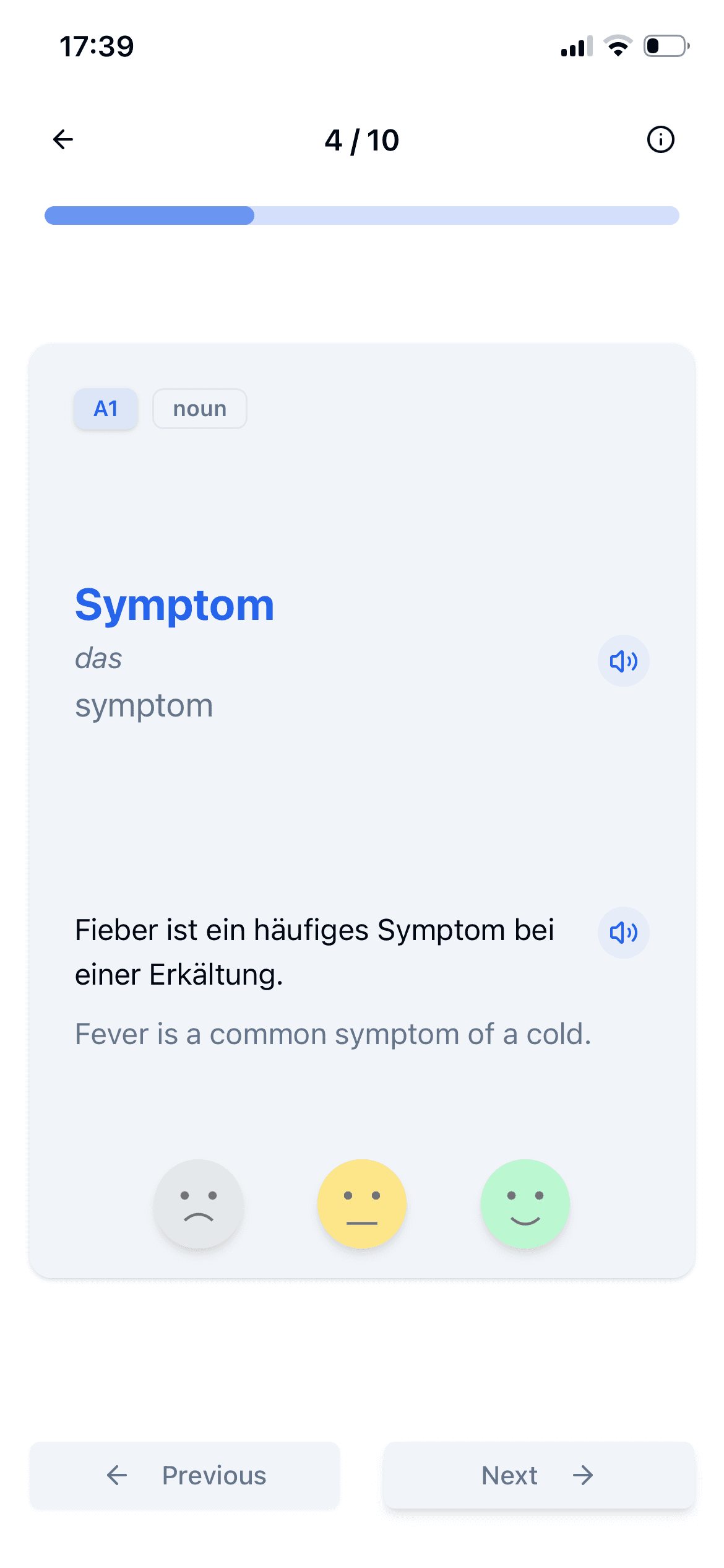 SceneLingo flashcard for the German word "Symptom" with an example sentence and translation