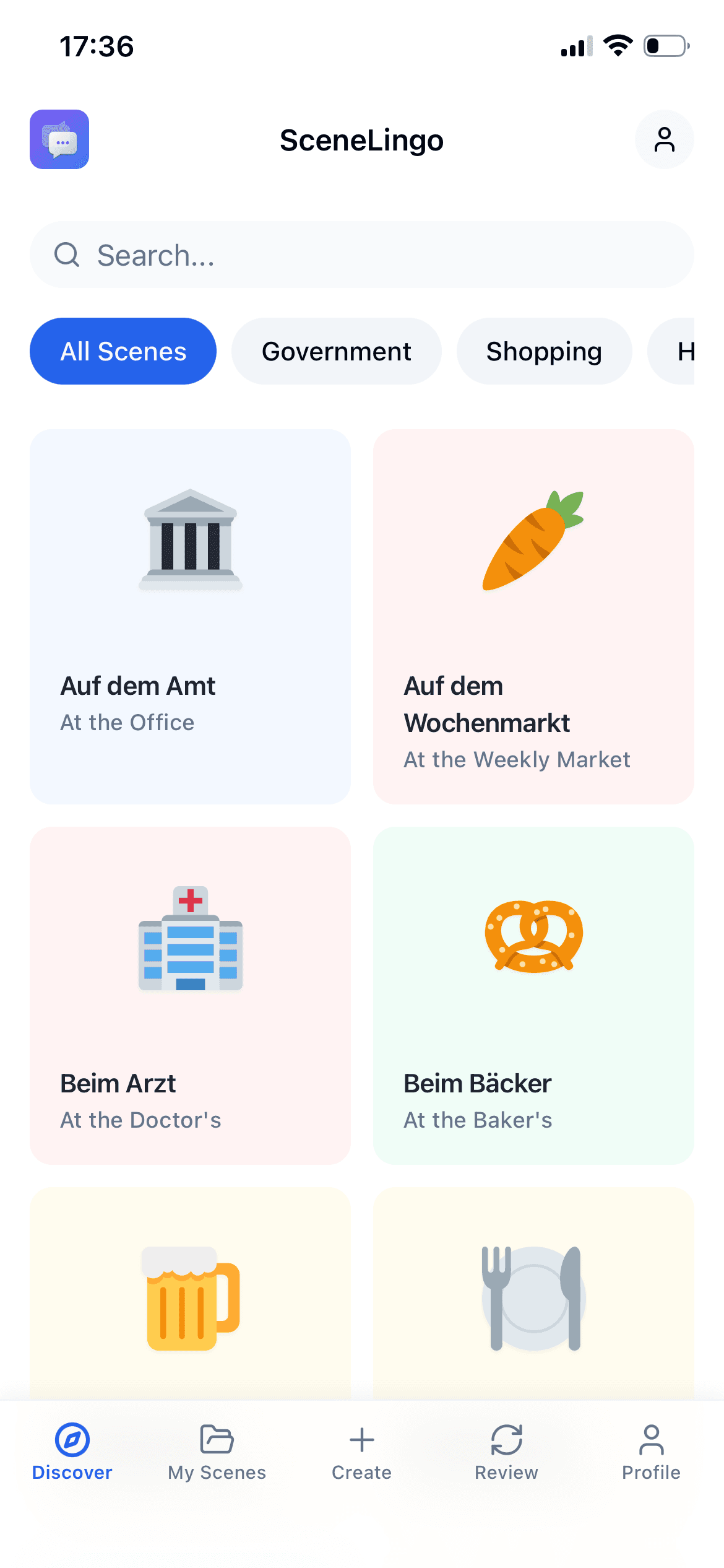 SceneLingo scene library with everyday situations such as the doctor's, the baker's and the local office